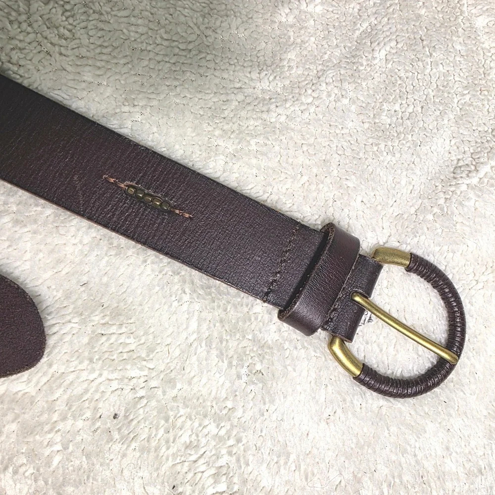 Lucky Brand Leather Belt Brown Beaded Inserts Round Wrapped Buckle Women Small